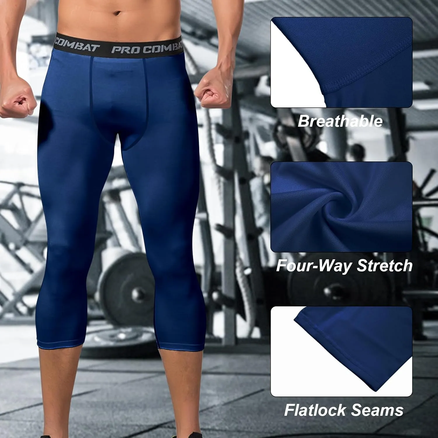 Mens 3/4 Compression Pants, Athletic Leggings Running Workout Tights Base Layer for Basketball Sports Football Gym