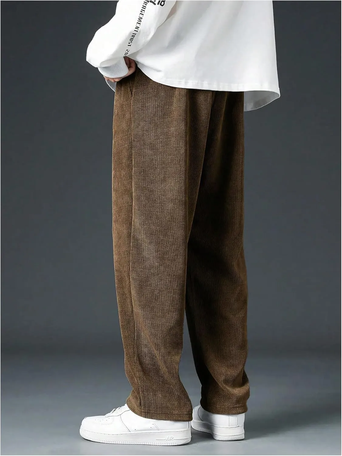 Men's Baggy Pants Tie Front Drawstring Waist Corduroy Pants Casual Loose Straight Leg Pants Trousers