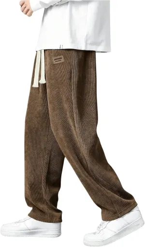 Men's Baggy Pants Tie Front Drawstring Waist Corduroy Pants Casual Loose Straight Leg Pants Trousers