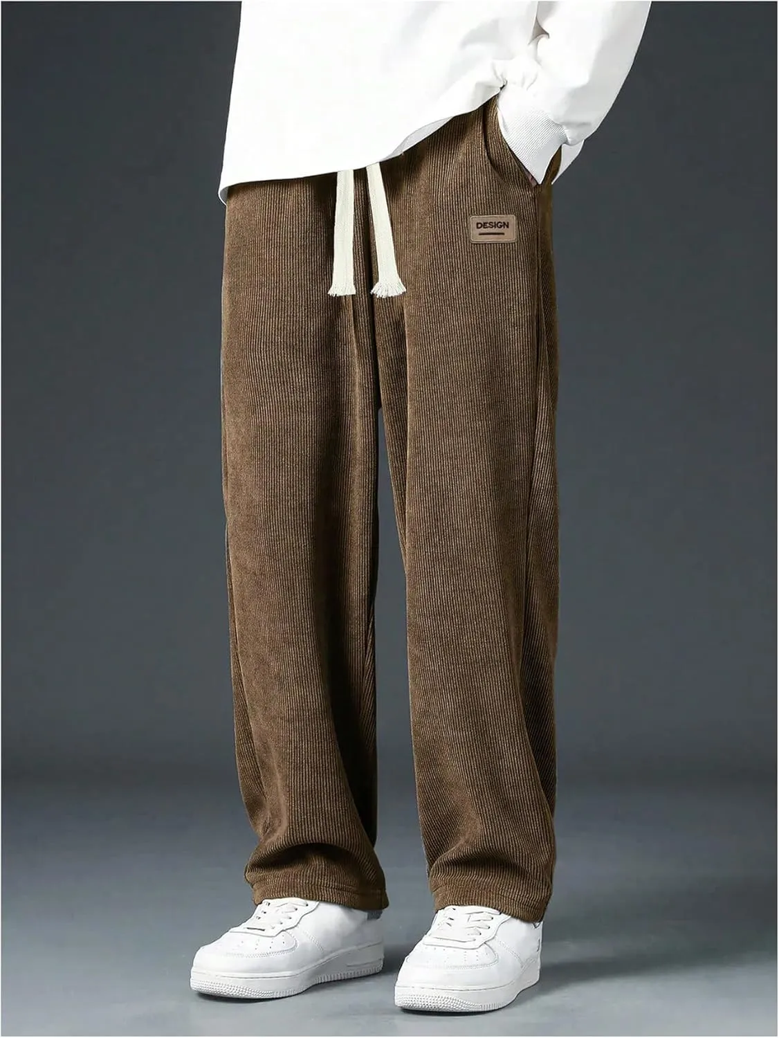 Men's Baggy Pants Tie Front Drawstring Waist Corduroy Pants Casual Loose Straight Leg Pants Trousers