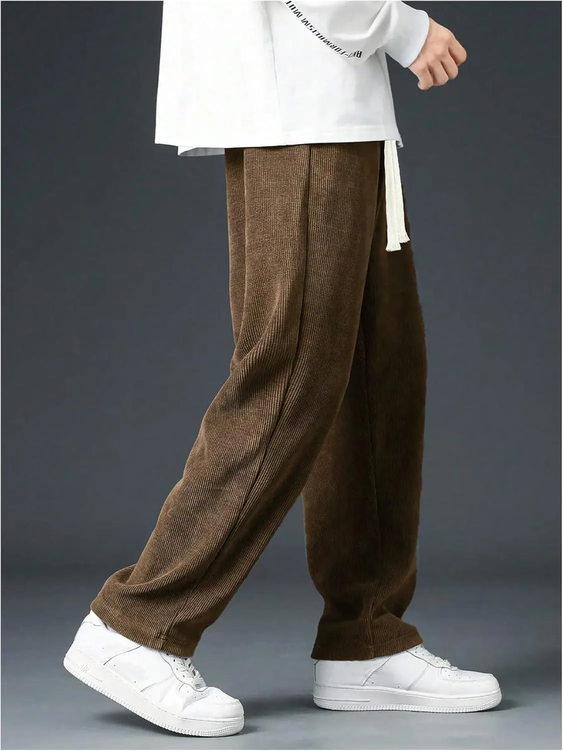 Men's Baggy Pants Tie Front Drawstring Waist Corduroy Pants Casual Loose Straight Leg Pants Trousers