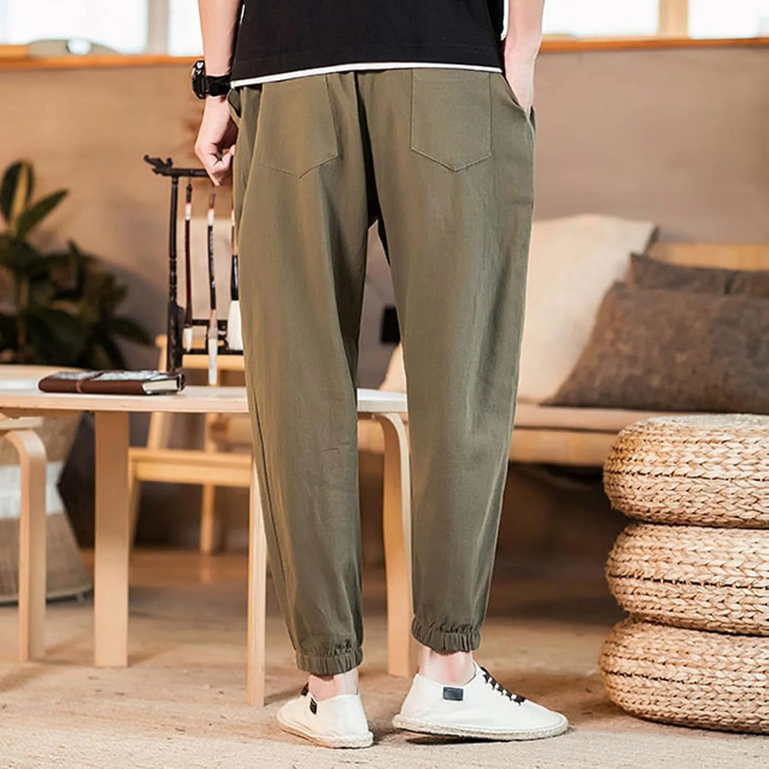Mens Casual Cotton Linen Pants Big and Tall Elastic Drawstring Waist Pant Loose Comfy Summer Beach Pants Cinch Bottom