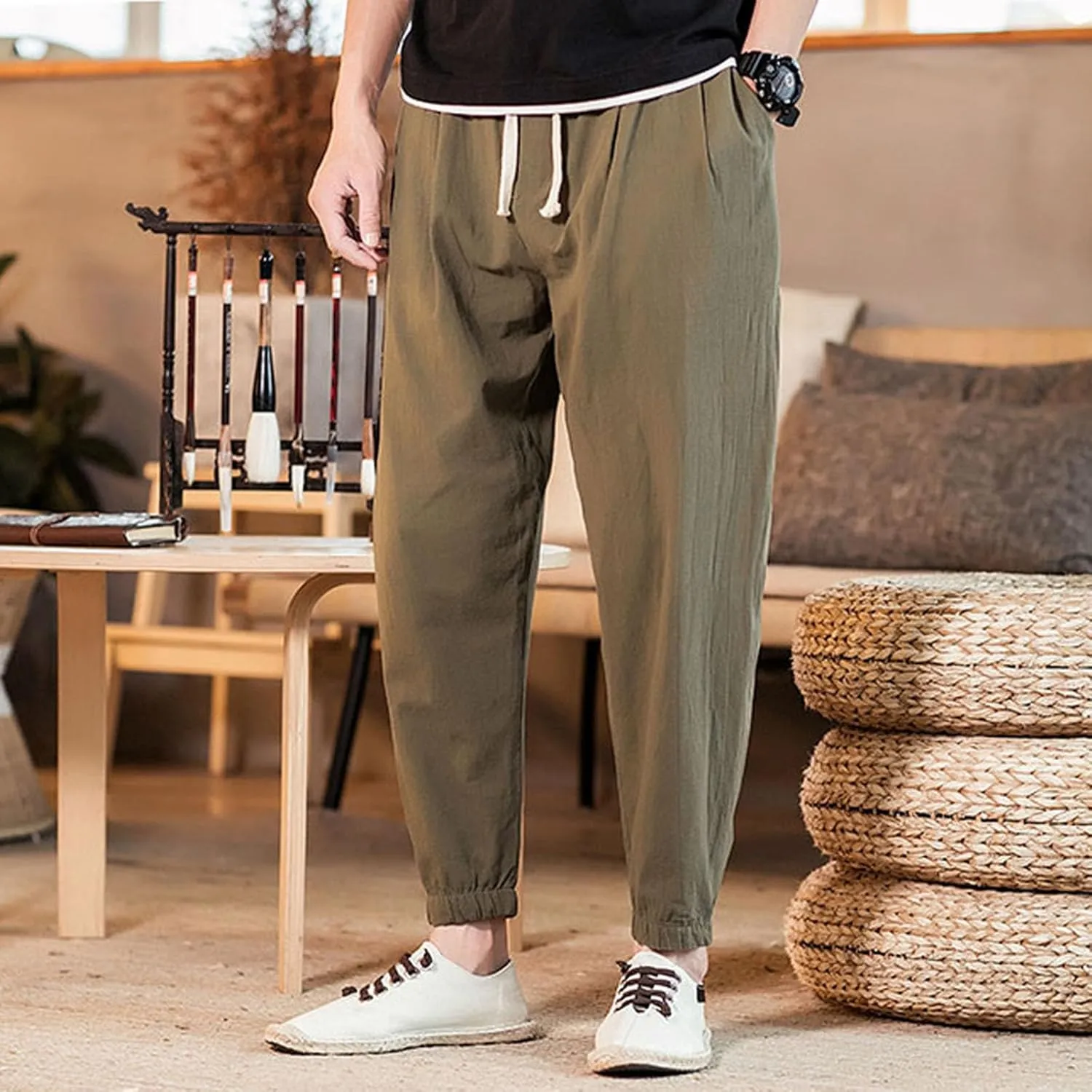Mens Casual Cotton Linen Pants Big and Tall Elastic Drawstring Waist Pant Loose Comfy Summer Beach Pants Cinch Bottom