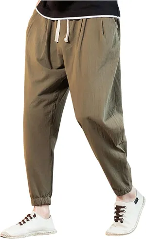 Mens Casual Cotton Linen Pants Big and Tall Elastic Drawstring Waist Pant Loose Comfy Summer Beach Pants Cinch Bottom