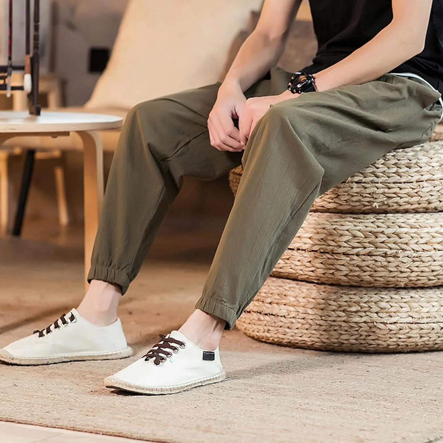 Mens Casual Cotton Linen Pants Big and Tall Elastic Drawstring Waist Pant Loose Comfy Summer Beach Pants Cinch Bottom