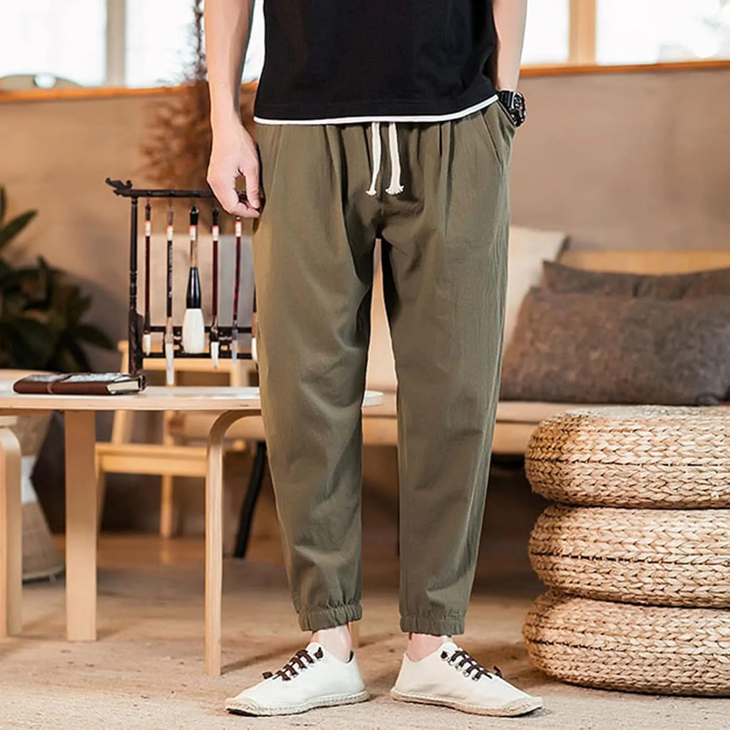 Mens Casual Cotton Linen Pants Big and Tall Elastic Drawstring Waist Pant Loose Comfy Summer Beach Pants Cinch Bottom