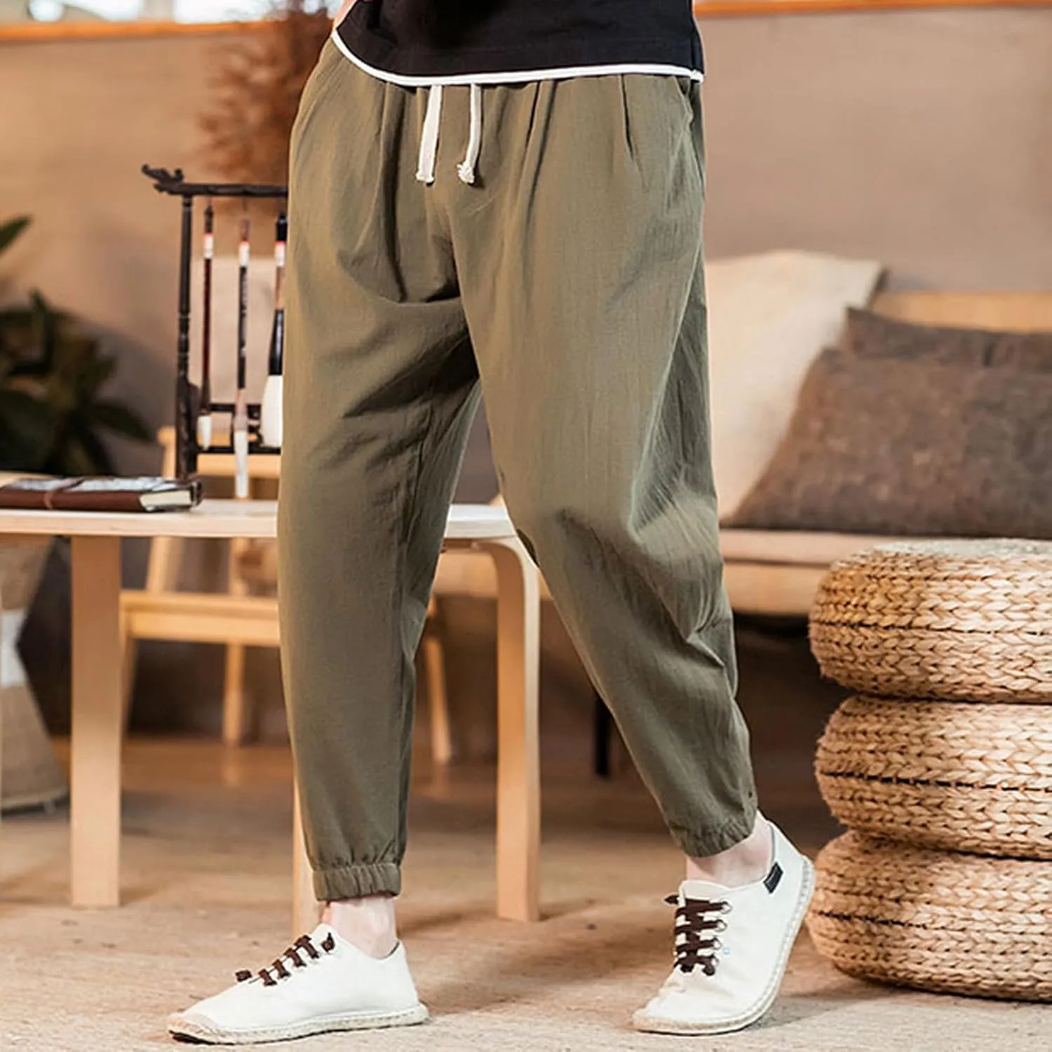 Mens Casual Cotton Linen Pants Big and Tall Elastic Drawstring Waist Pant Loose Comfy Summer Beach Pants Cinch Bottom