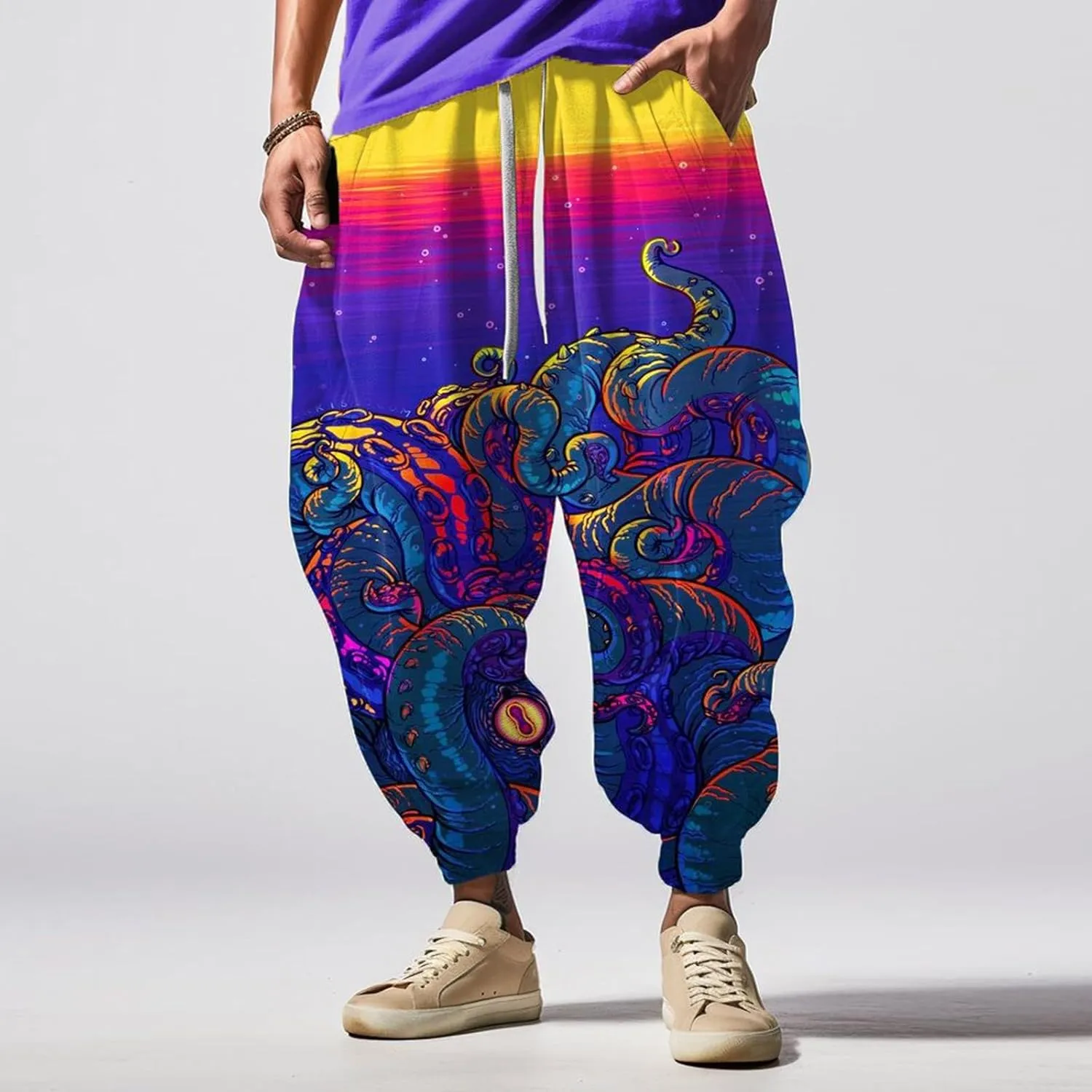 Mens Casual Harem Pants Fashion Street Feel Casual Sweatpants Mens Japanese Art Graphic Printed Casual Pants Linen