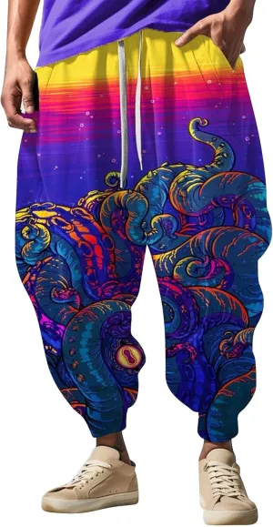 Mens Casual Harem Pants Fashion Street Feel Casual Sweatpants Mens Japanese Art Graphic Printed Casual Pants Linen
