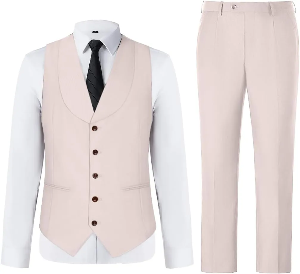 Mens Vest Pants Suits Set 2 Pieces Slim Fit Groomsmen Suit for Men Formal
