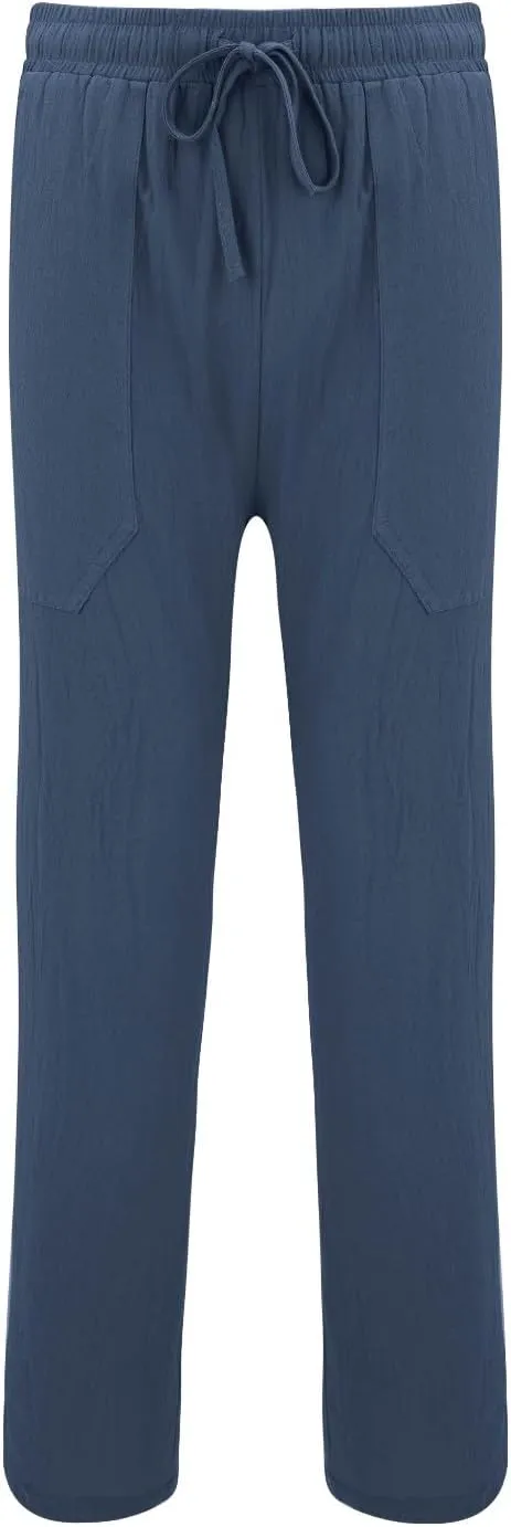 Mens Wide Leg Drawstring Pants Loose Linen Summer Beach Vacation Pants Lightweight Elastic Waist Yoga Lounge Trousers