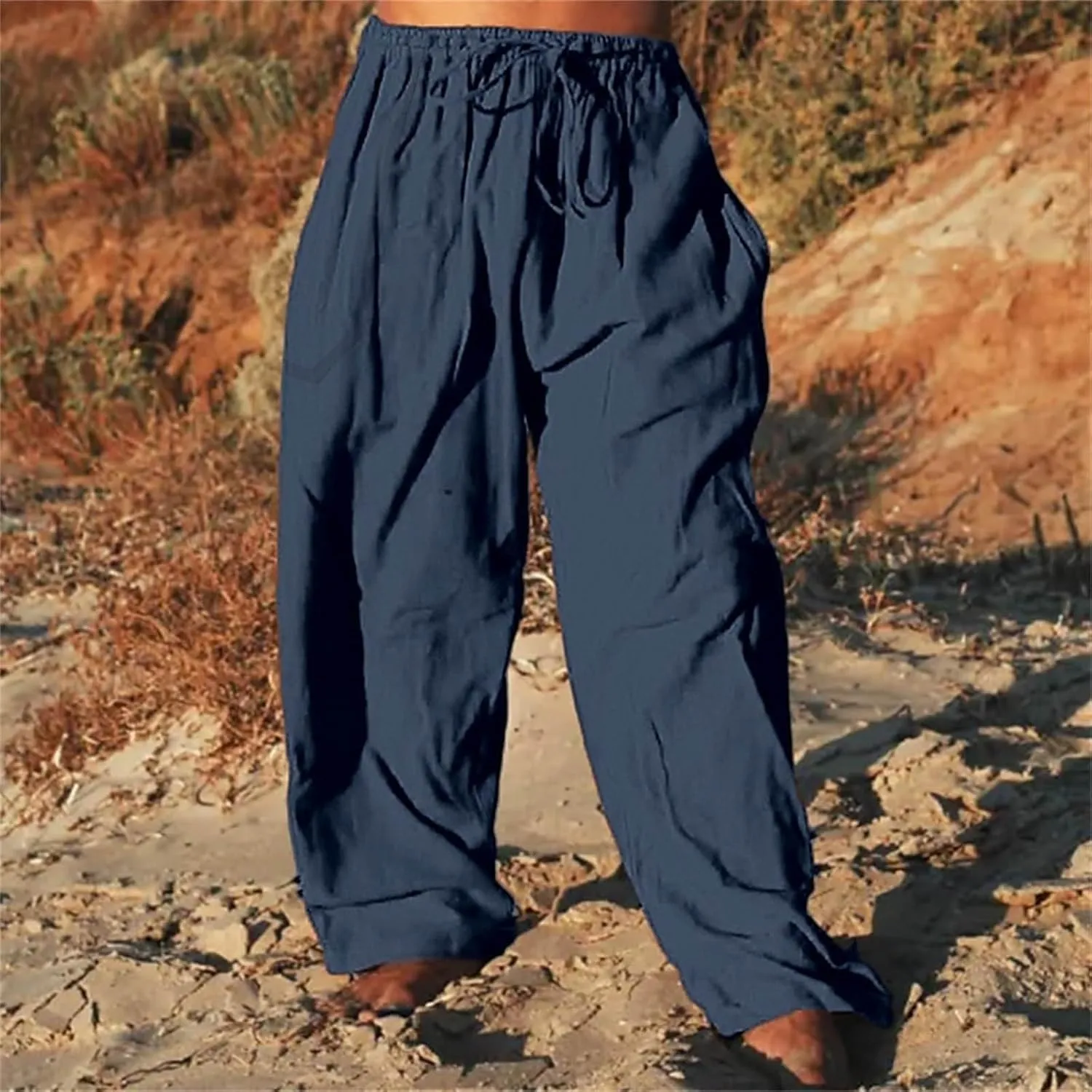 Mens Wide Leg Drawstring Pants Loose Linen Summer Beach Vacation Pants Lightweight Elastic Waist Yoga Lounge Trousers