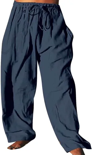 Mens Wide Leg Drawstring Pants Loose Linen Summer Beach Vacation Pants Lightweight Elastic Waist Yoga Lounge Trousers