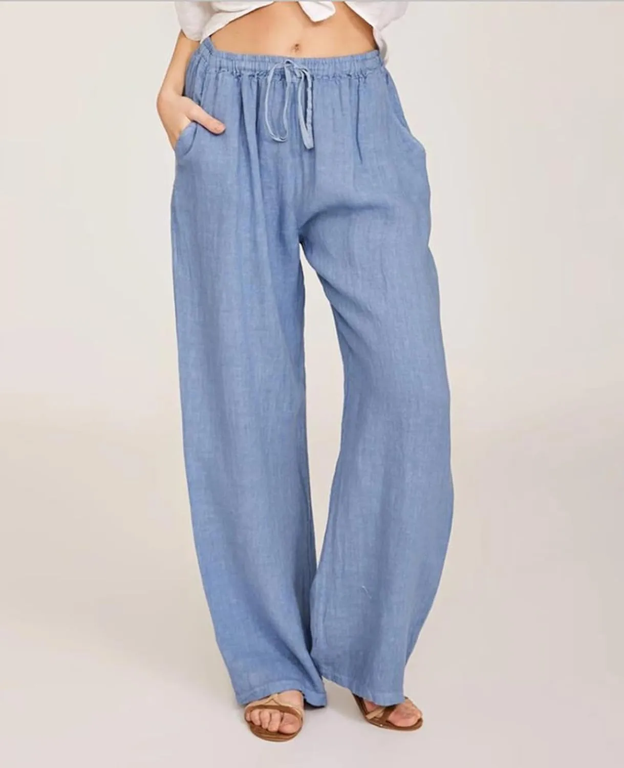 MINTLIMIT Women Linen Palazzo Pants Summer High Waist Beach Lounge Pant Casual Wide Leg Trousers with Pockets