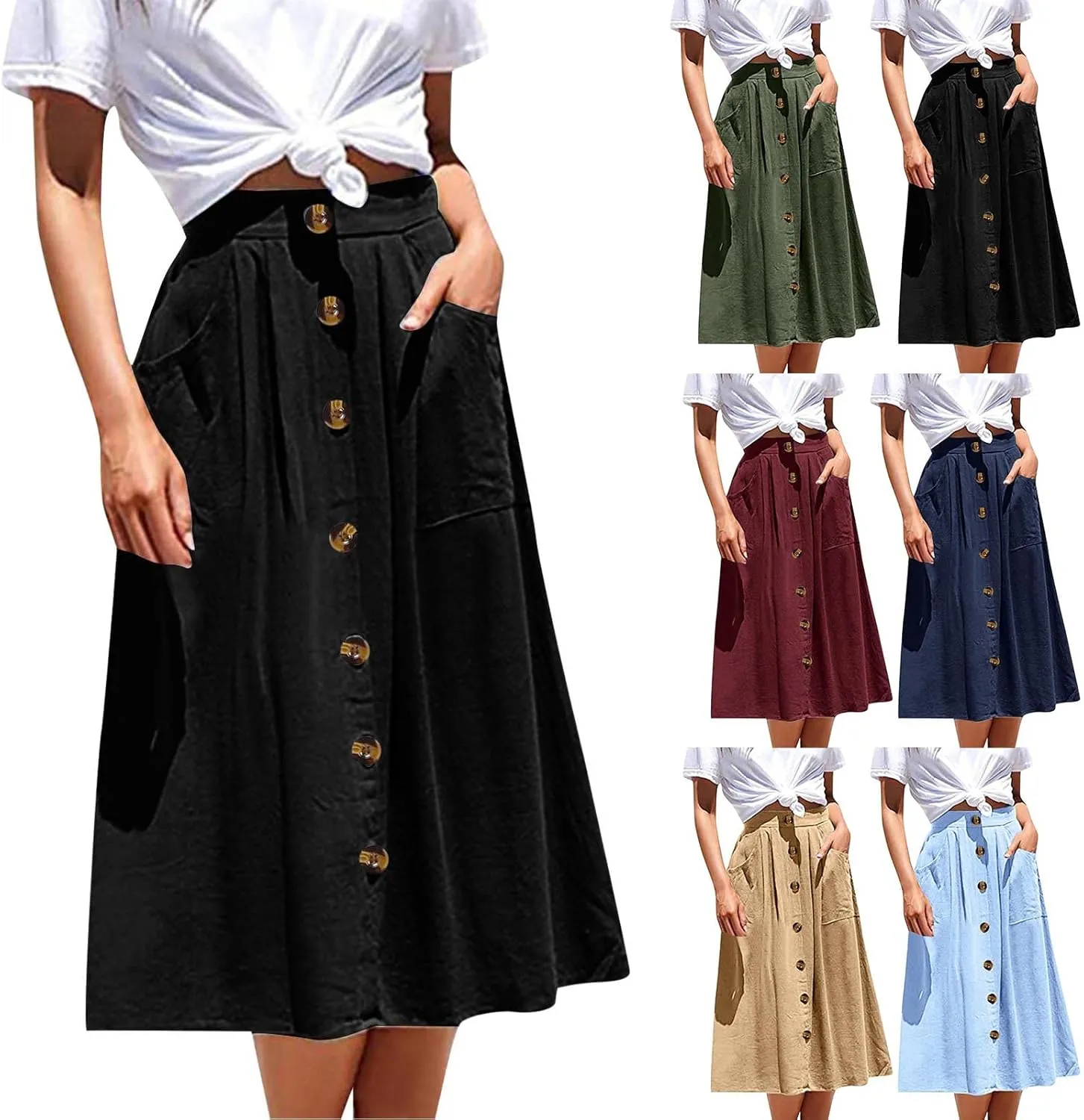 Miyaomn Women's Casual Summer Flowy Midi Skirts Button Decoration High Elastic Waist A-Line Solid Pleated Skirts with Pockets