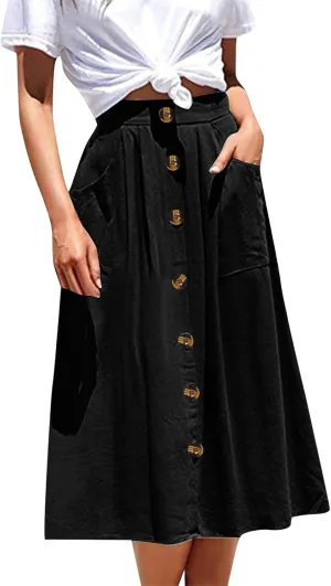 Miyaomn Women's Casual Summer Flowy Midi Skirts Button Decoration High Elastic Waist A-Line Solid Pleated Skirts with Pockets