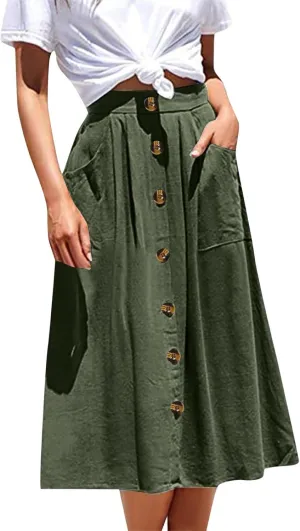 Miyaomn Women's Casual Summer Flowy Midi Skirts Button Decoration High Elastic Waist A-Line Solid Pleated Skirts with Pockets