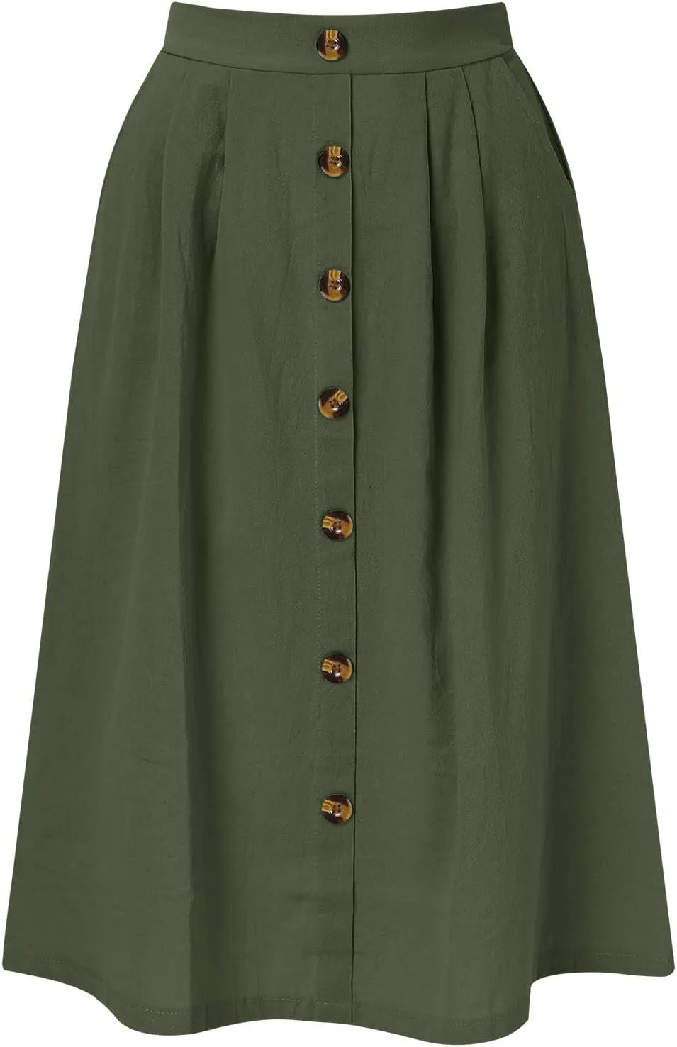 Miyaomn Women's Casual Summer Flowy Midi Skirts Button Decoration High Elastic Waist A-Line Solid Pleated Skirts with Pockets