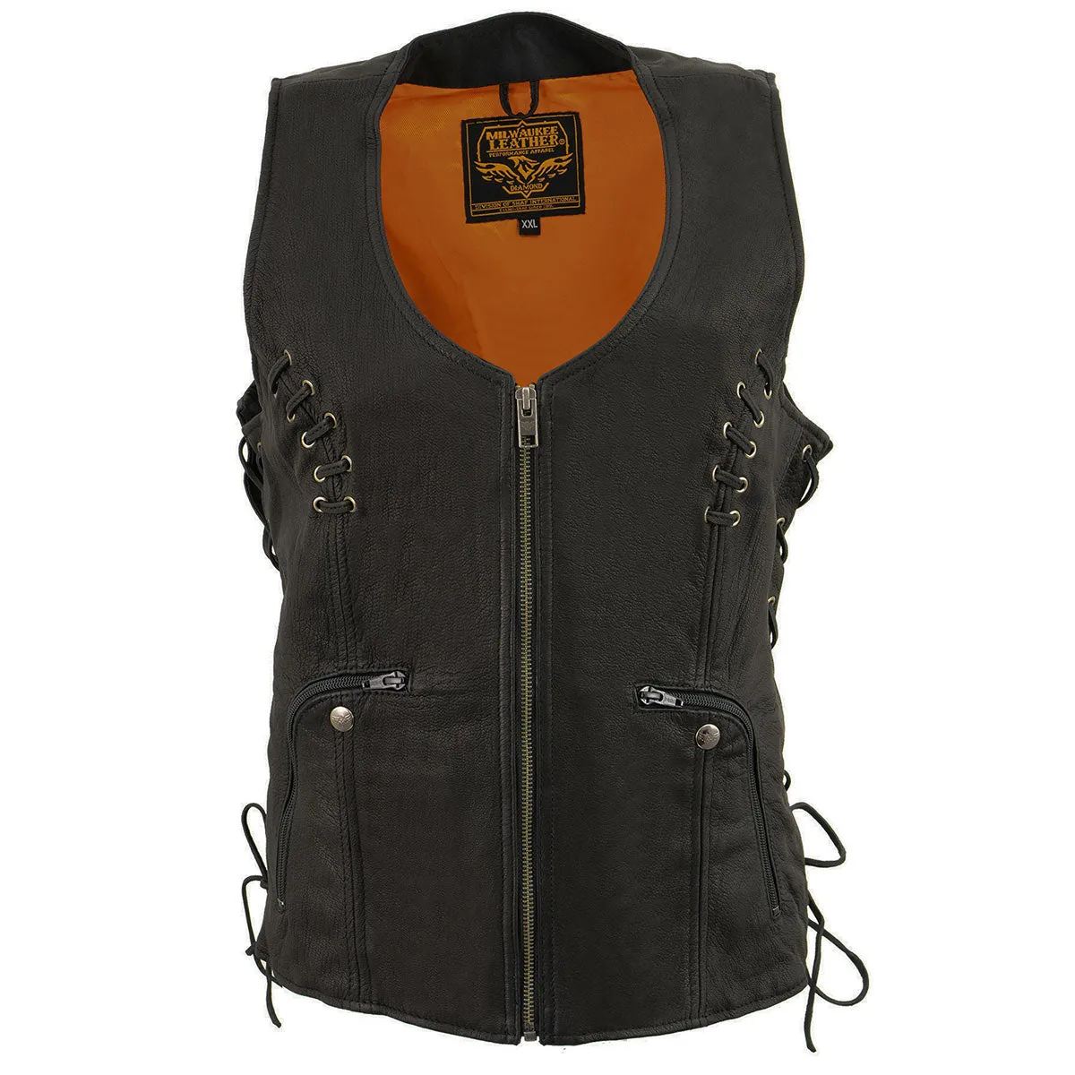 MLL4575 Women's Black Leather Side Lace Multiple Pockets Round V-Neck Motorcycle Rider Vest