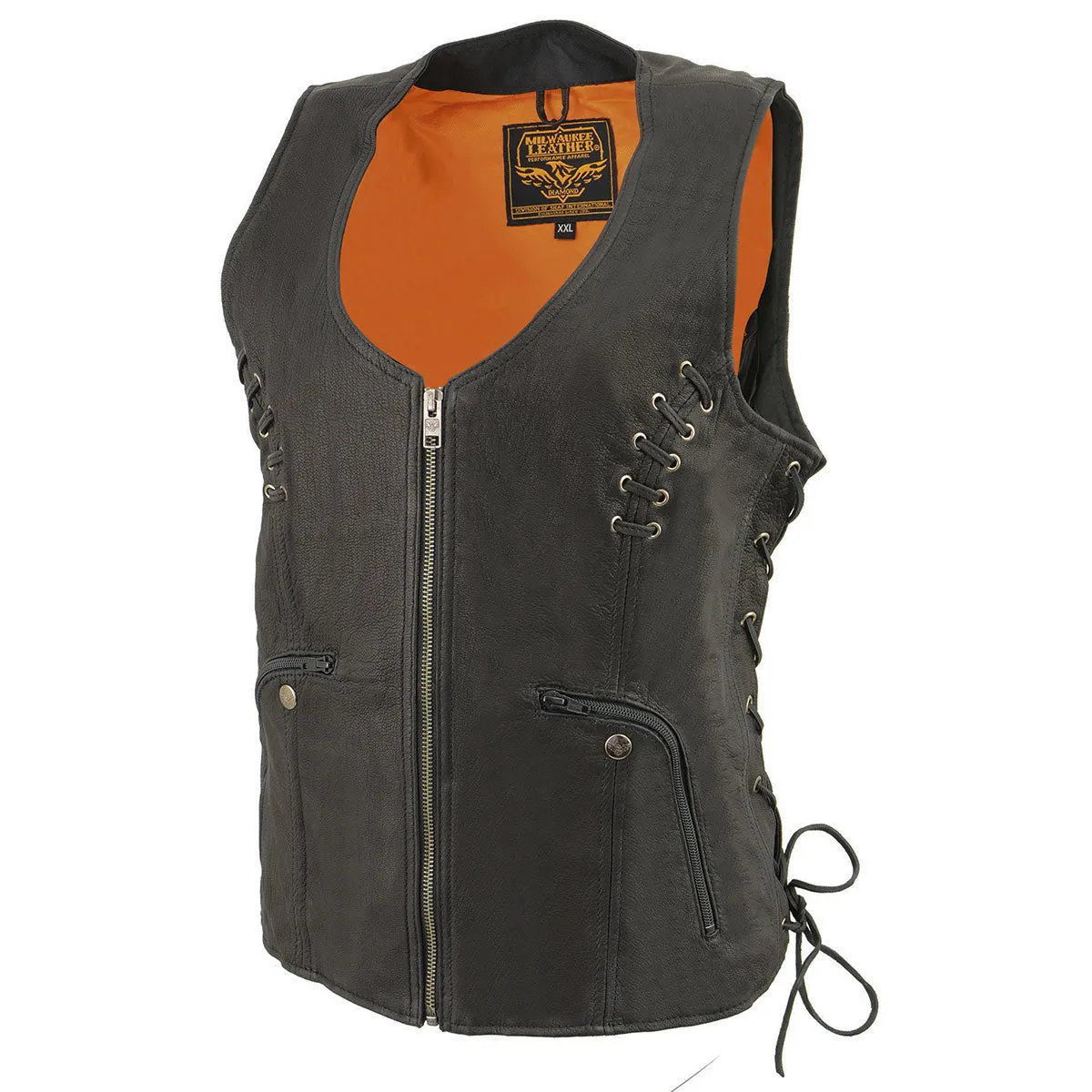 MLL4575 Women's Black Leather Side Lace Multiple Pockets Round V-Neck Motorcycle Rider Vest