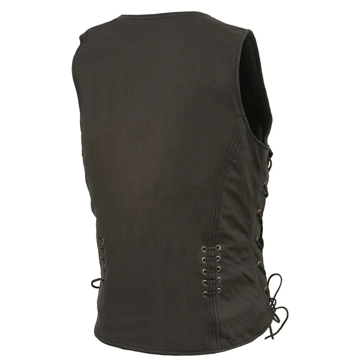 MLL4575 Women's Black Leather Side Lace Multiple Pockets Round V-Neck Motorcycle Rider Vest