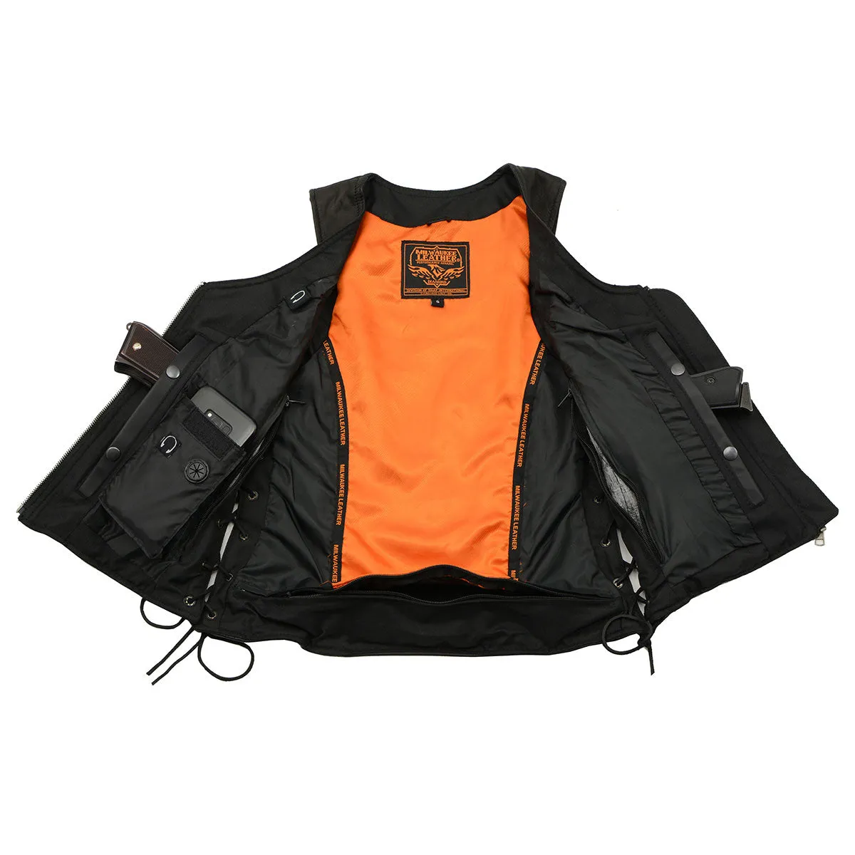 MLL4575 Women's Black Leather Side Lace Multiple Pockets Round V-Neck Motorcycle Rider Vest