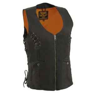 MLL4575 Women's Black Leather Side Lace Multiple Pockets Round V-Neck Motorcycle Rider Vest