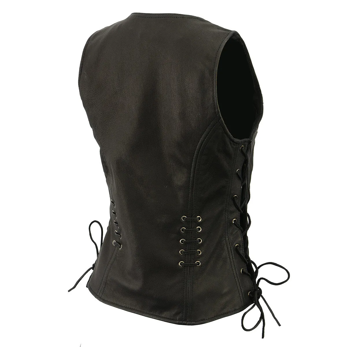 MLL4575 Women's Black Leather Side Lace Multiple Pockets Round V-Neck Motorcycle Rider Vest