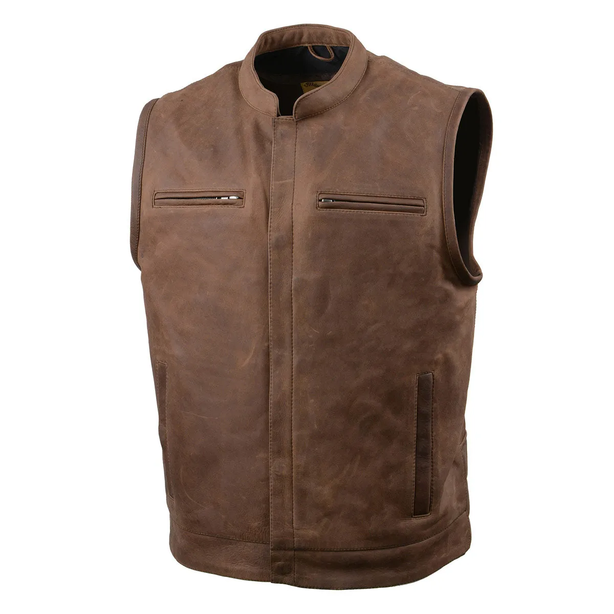 MLM3519 Men's “Gambler” Crazy Horse Brown Vintage Leather Vest - Club Style Motorcycle Rider Vest