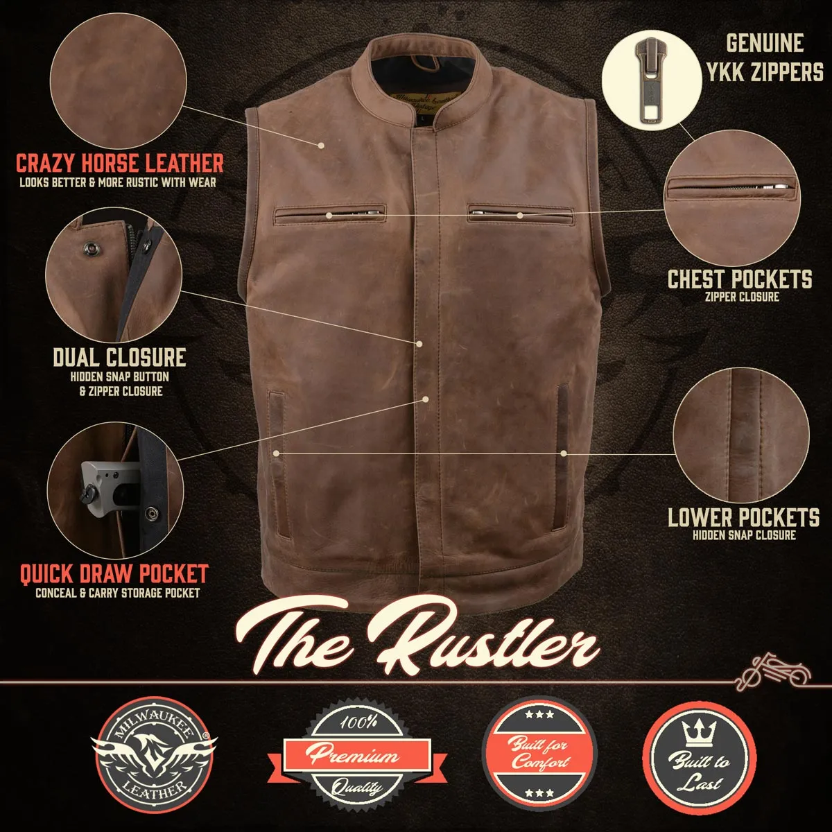 MLM3519 Men's “Gambler” Crazy Horse Brown Vintage Leather Vest - Club Style Motorcycle Rider Vest