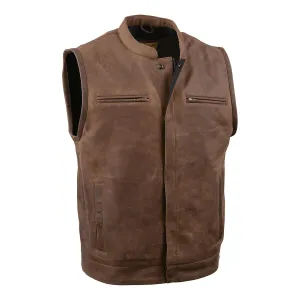 MLM3519 Men's “Gambler” Crazy Horse Brown Vintage Leather Vest - Club Style Motorcycle Rider Vest