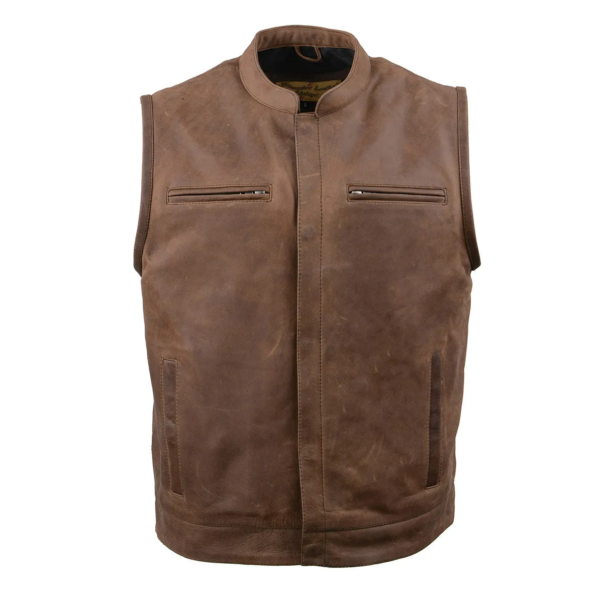 MLM3519 Men's “Gambler” Crazy Horse Brown Vintage Leather Vest - Club Style Motorcycle Rider Vest
