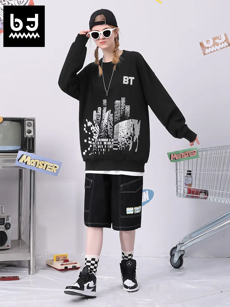 Modern building fun Big tooth monster print sleeved cotton hoodie