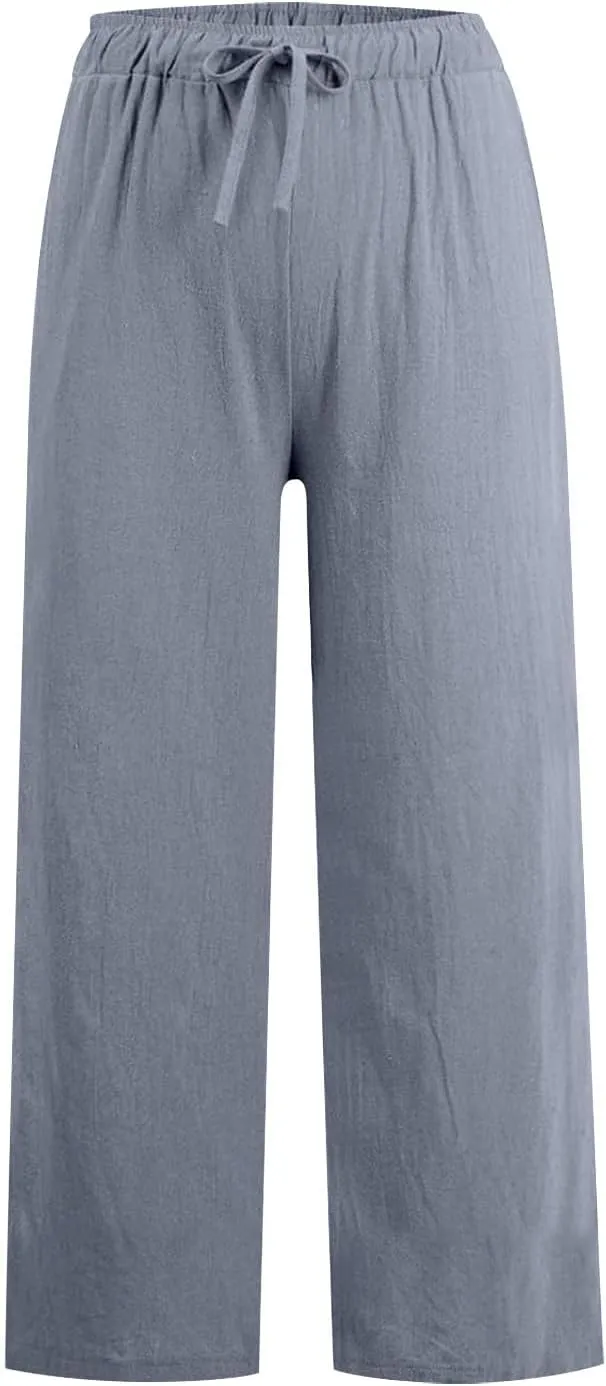 MRGIINRI Womens Cotton Linen Pants 2024 Summer Wide Leg Casual Loose Drawstring High Waist Palazzo Pants Trousers with Pocket