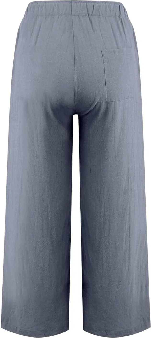 MRGIINRI Womens Cotton Linen Pants 2024 Summer Wide Leg Casual Loose Drawstring High Waist Palazzo Pants Trousers with Pocket