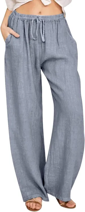 MRGIINRI Womens Cotton Linen Pants 2024 Summer Wide Leg Casual Loose Drawstring High Waist Palazzo Pants Trousers with Pocket