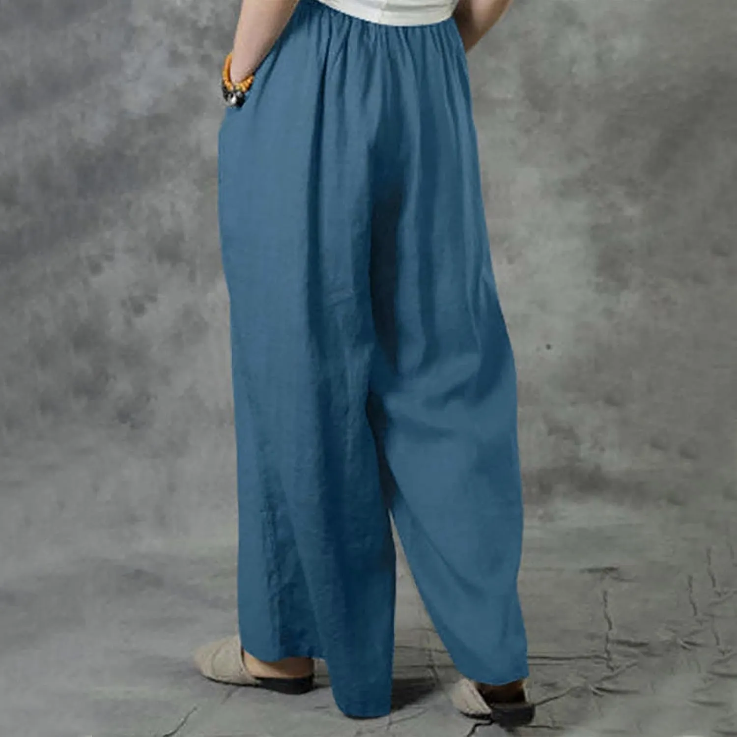 NATHGAM Wide Leg Trousers for Women Loose Fit Cotton Linen Elastic Waist Pants Summer Flowy Long Palazzo Pants with Pockets