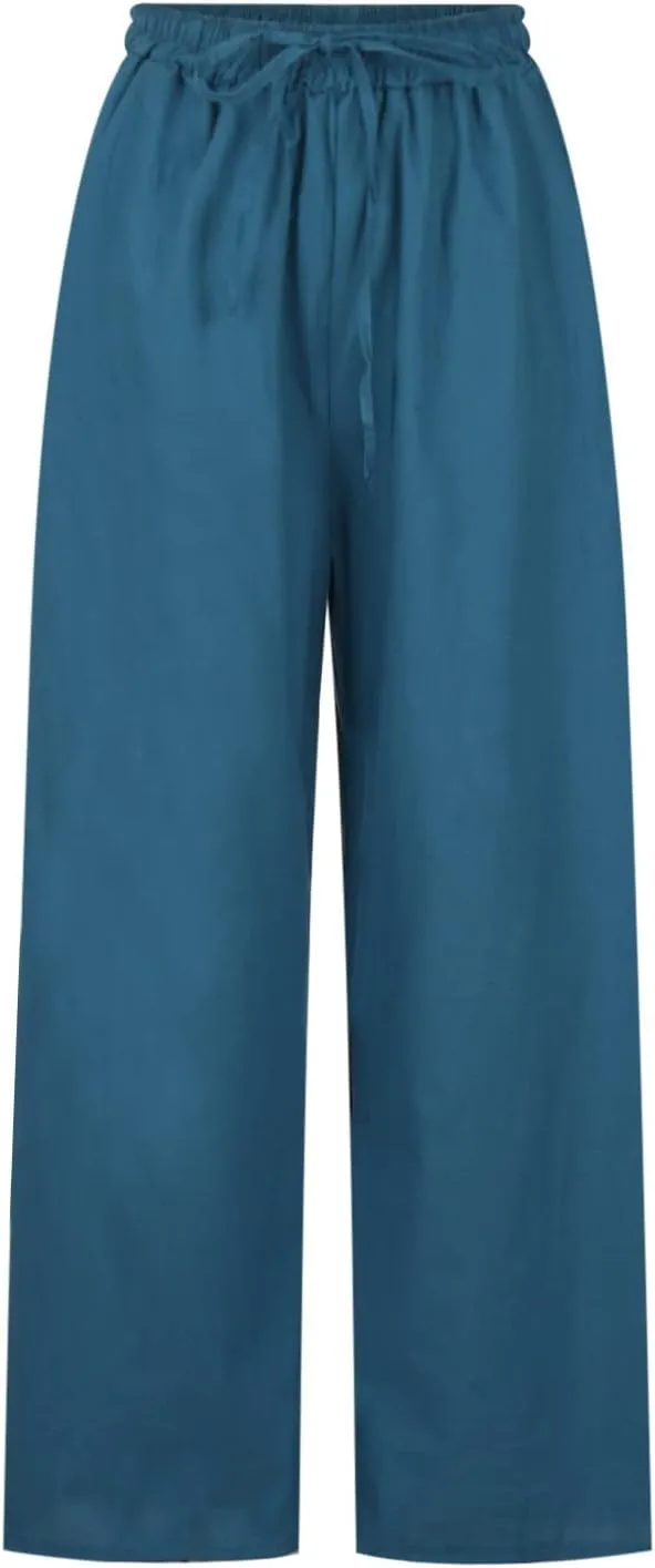 NATHGAM Wide Leg Trousers for Women Loose Fit Cotton Linen Elastic Waist Pants Summer Flowy Long Palazzo Pants with Pockets