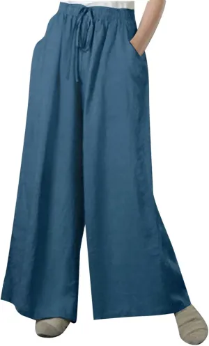 NATHGAM Wide Leg Trousers for Women Loose Fit Cotton Linen Elastic Waist Pants Summer Flowy Long Palazzo Pants with Pockets