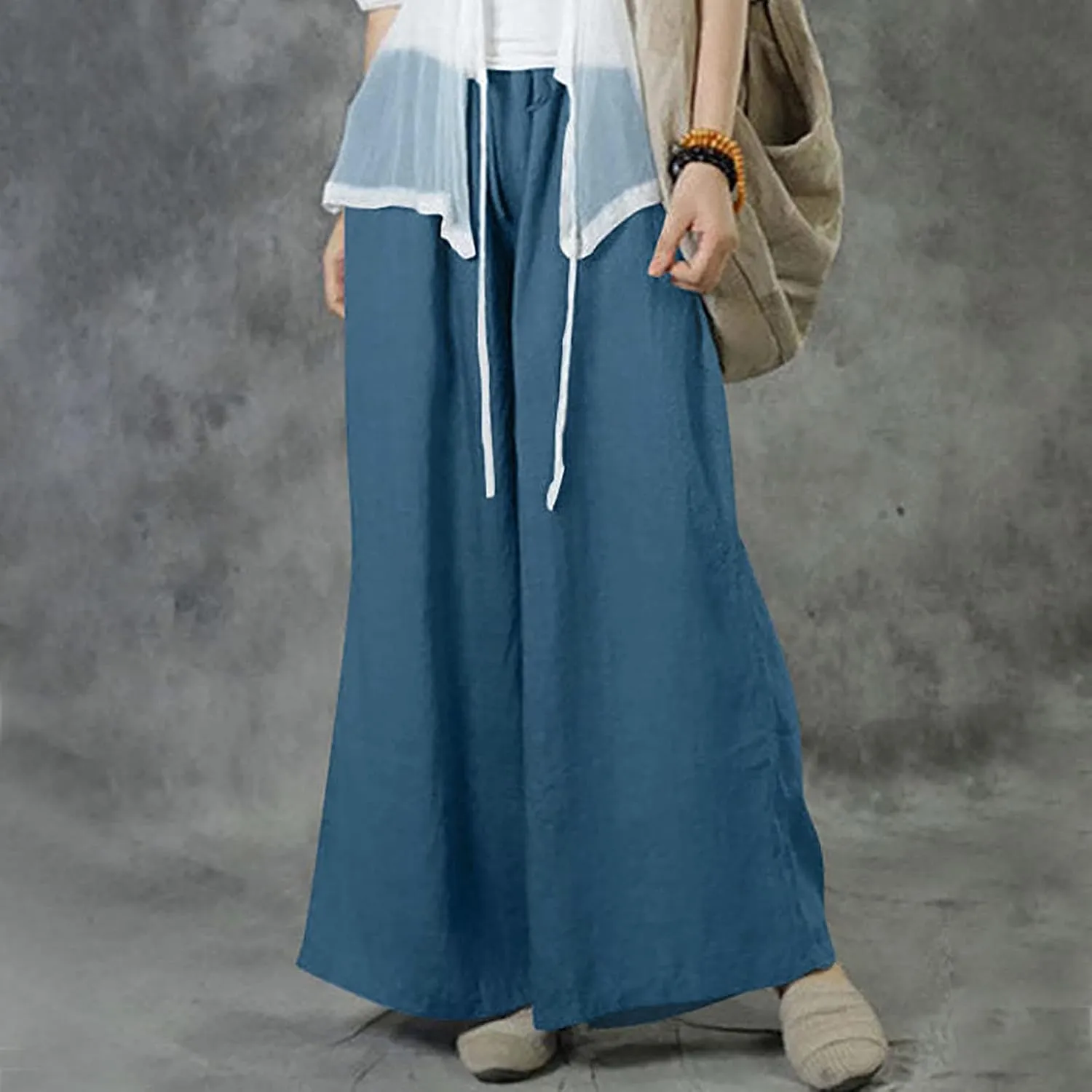 NATHGAM Wide Leg Trousers for Women Loose Fit Cotton Linen Elastic Waist Pants Summer Flowy Long Palazzo Pants with Pockets