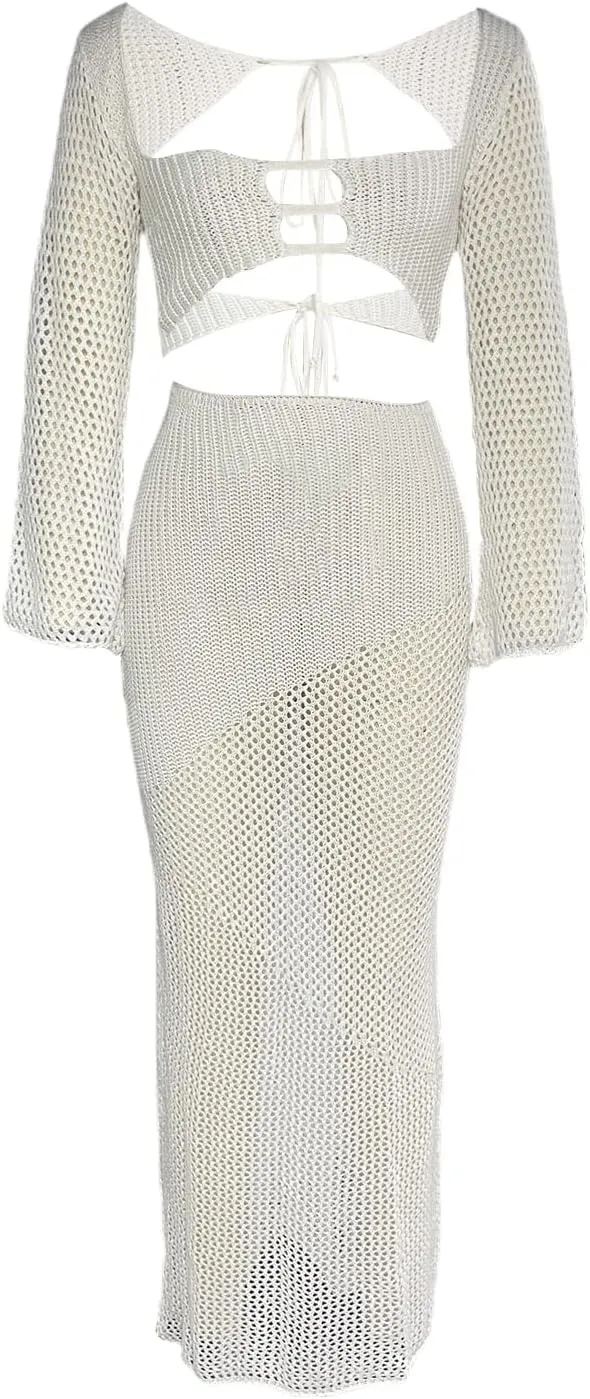Owl's-Yard Women's Sexy 2 Piece Skirt Sets Crochet Knit Tops with Split Maxi Skirts Club Party Fashion Outfits