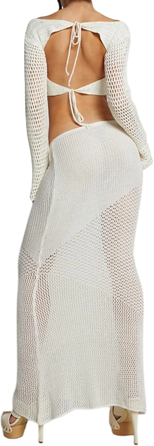 Owl's-Yard Women's Sexy 2 Piece Skirt Sets Crochet Knit Tops with Split Maxi Skirts Club Party Fashion Outfits