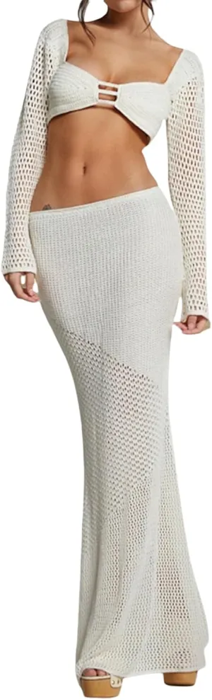 Owl's-Yard Women's Sexy 2 Piece Skirt Sets Crochet Knit Tops with Split Maxi Skirts Club Party Fashion Outfits
