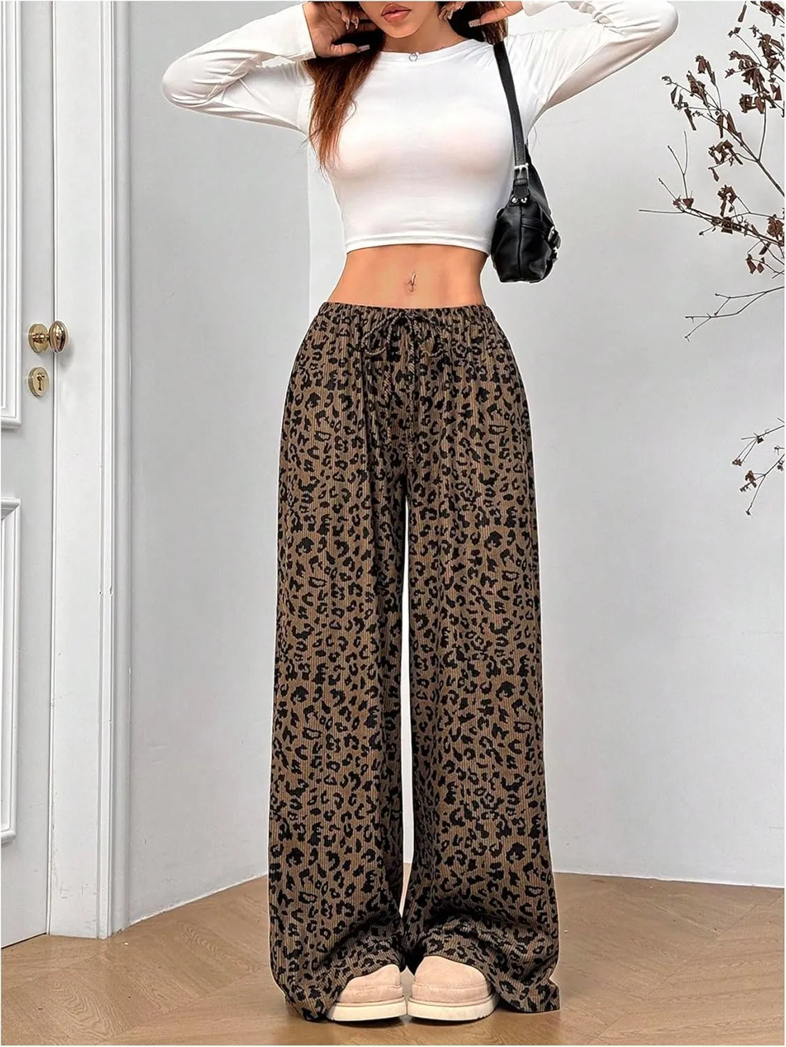 OYOANGLE Women's Leopard Print Long Pants Drawstring Elastic High Waist Wide Leg Loose Trousers Streetwear
