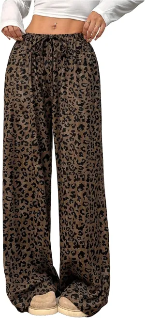 OYOANGLE Women's Leopard Print Long Pants Drawstring Elastic High Waist Wide Leg Loose Trousers Streetwear