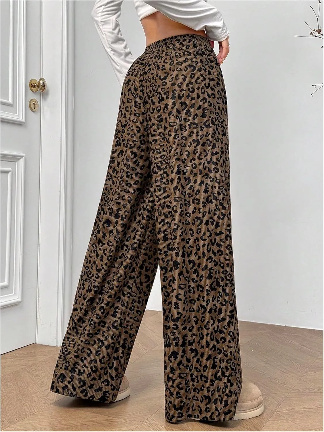 OYOANGLE Women's Leopard Print Long Pants Drawstring Elastic High Waist Wide Leg Loose Trousers Streetwear