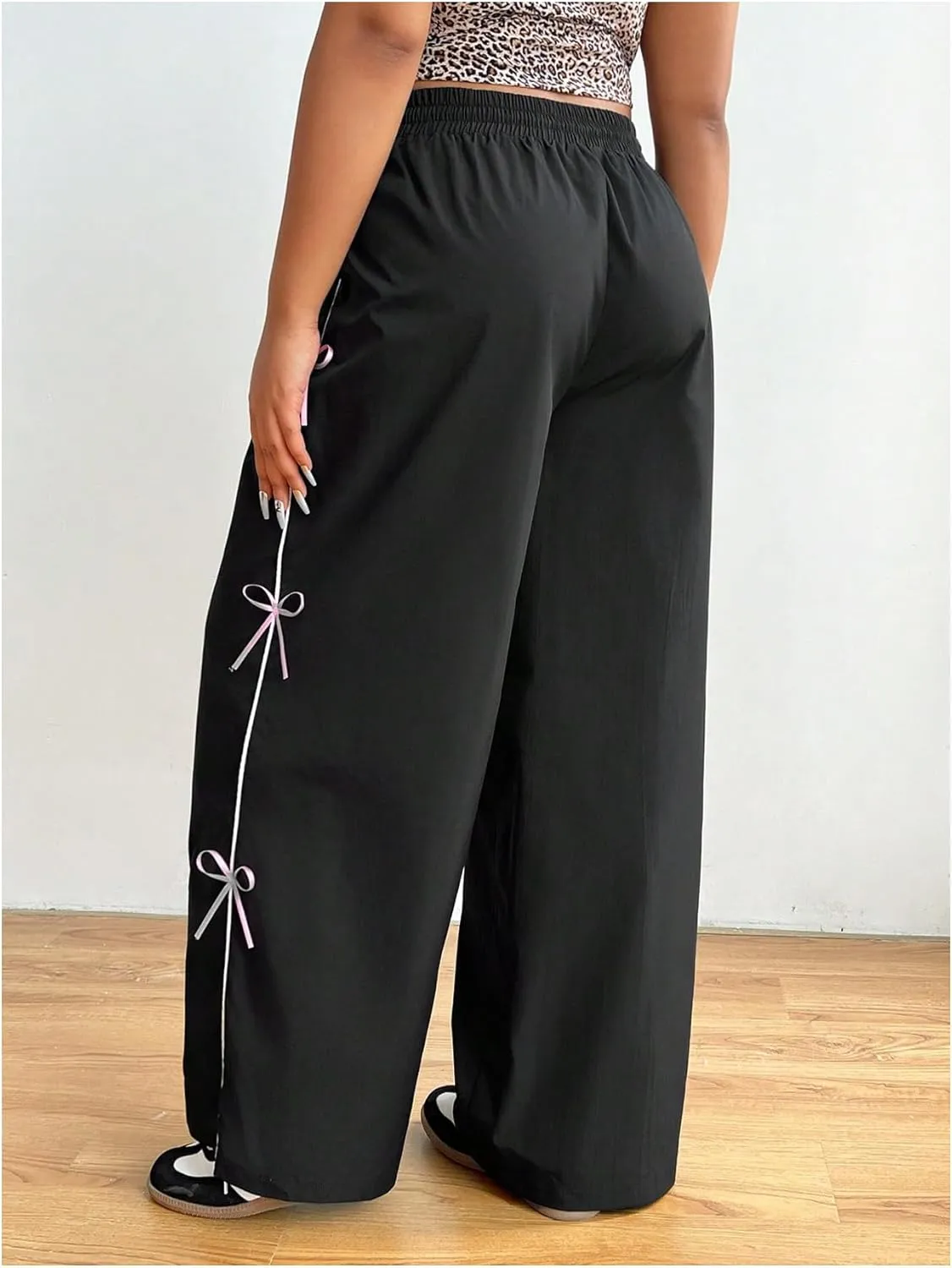 OYOANGLE Women's Plus Size Bow Decor Drawstring Waist Pants Wide Leg Street Casual Long Trousers