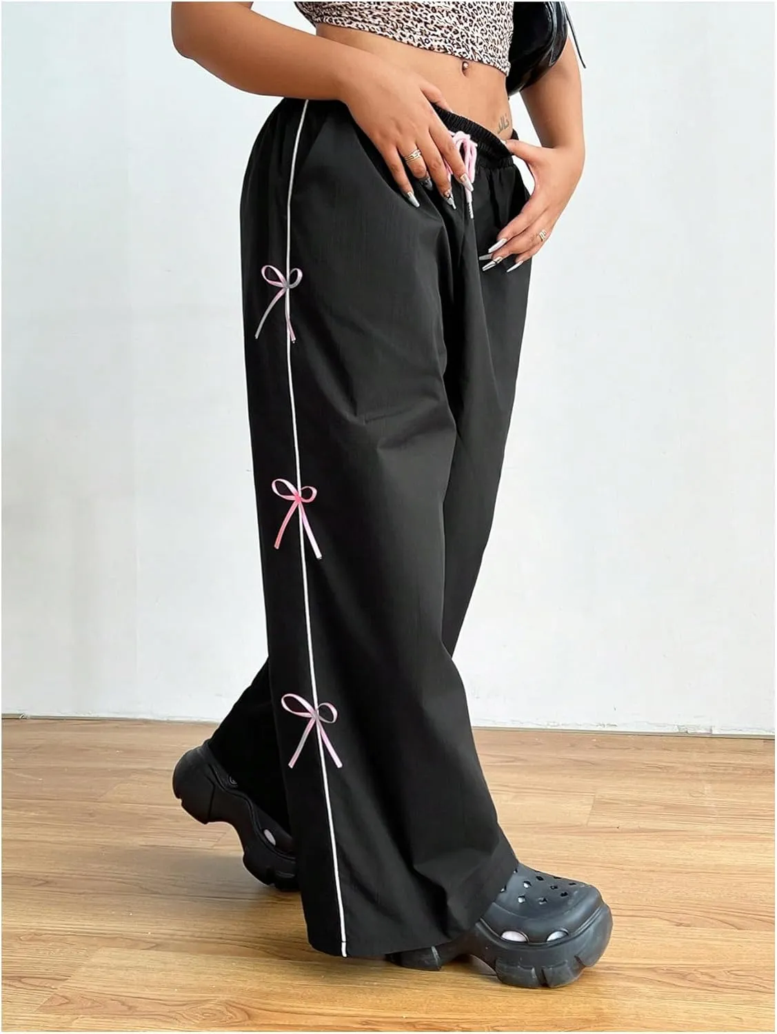 OYOANGLE Women's Plus Size Bow Decor Drawstring Waist Pants Wide Leg Street Casual Long Trousers