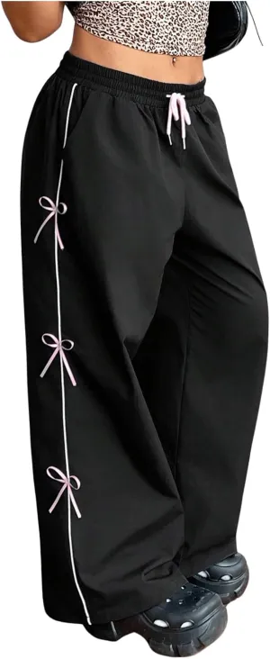 OYOANGLE Women's Plus Size Bow Decor Drawstring Waist Pants Wide Leg Street Casual Long Trousers