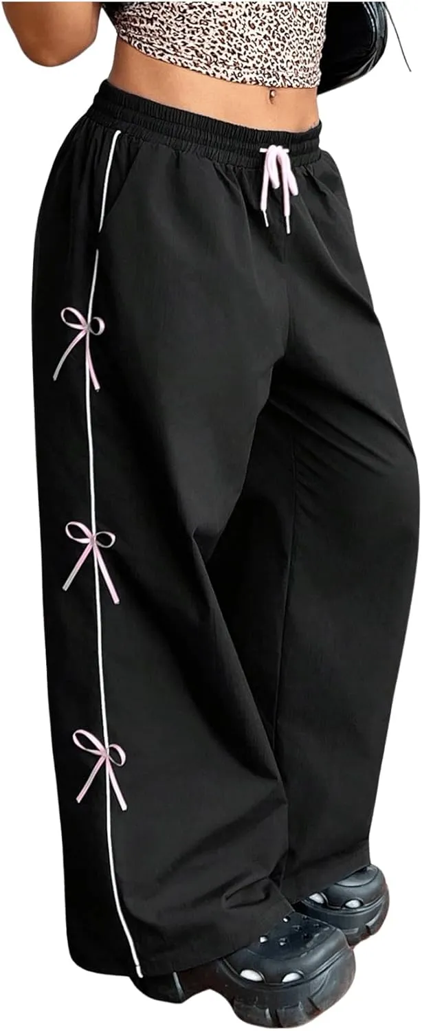 OYOANGLE Women's Plus Size Bow Decor Drawstring Waist Pants Wide Leg Street Casual Long Trousers